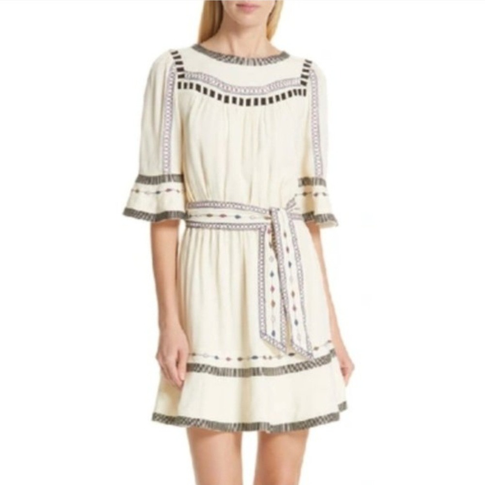 Ba&sh Plaza Embroidered Mini Dress Ecru Ivory Boho Bell Sleeve Size 1 Small US 6